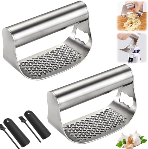 Prensa de ajos de acero inoxidable, picadora y picadora duradera con pelador y cepillo de limpieza para una preparación eficiente del ajo en la cocina