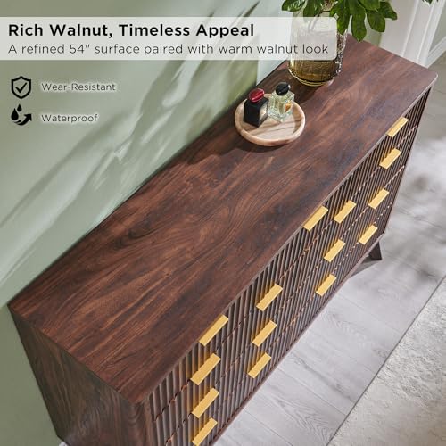Image of T4TREAM Fluted 9 Drawers Dresser, 54 inch Wide Modern Chest of Drawers, Curved Profile Design, Dresser TV Stand, Wood Drawer Organizer for Bedroom, Living Room, Hallway, Dark Walnut
