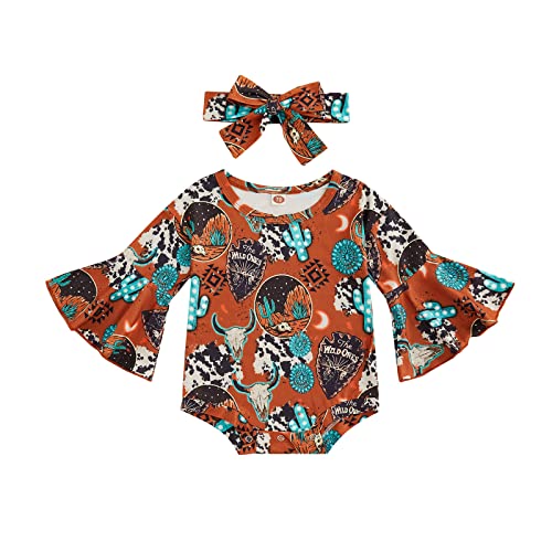 Image of Lamuusaa Newborn Baby Girl Romper Flare Long Sleeve Cow Print Bodysuit One Piece Jumpsuit Headband Autumn Clothes 0-24M