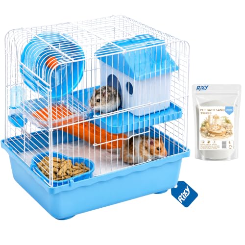 Image of Rixy Metal Hamster Cage (Colour May Vary) | Habitat Cage with Free Bath Sand (200 g) + Exercise Wheel (1) + House (1) + Slide (1) + Food Cup (1) + Water Bottle (1) for Hamsters, Gerbils & Small Pets