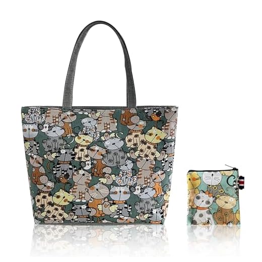 FOSDICK Bolsa Tela Tote Bag, 42 * 30cm Bolsa De Tela, Bolsa de Lona, Tote Bag Personalizada, Gato Bolsa de Compras, Bolsos Grandes con Cremallera para El Día a Día Oficina Viaje Escolar y Compras