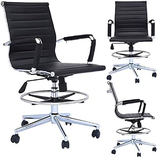 2xhome - Modern Ergonomic PU Leather Mid Back Ribbed Drafting Office Chair