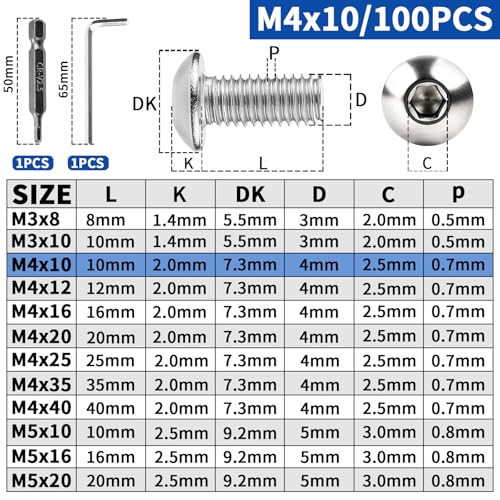 XRXYMQ 100 Stück Linsenkopfschrauben M4x10 mm Flachkopfschrauben Innensechskant 304 Edelstahl Schrauben Rundkopfschrauben Vollgewinde Maschinenschrauben für Möbeleinbau Holz Montage