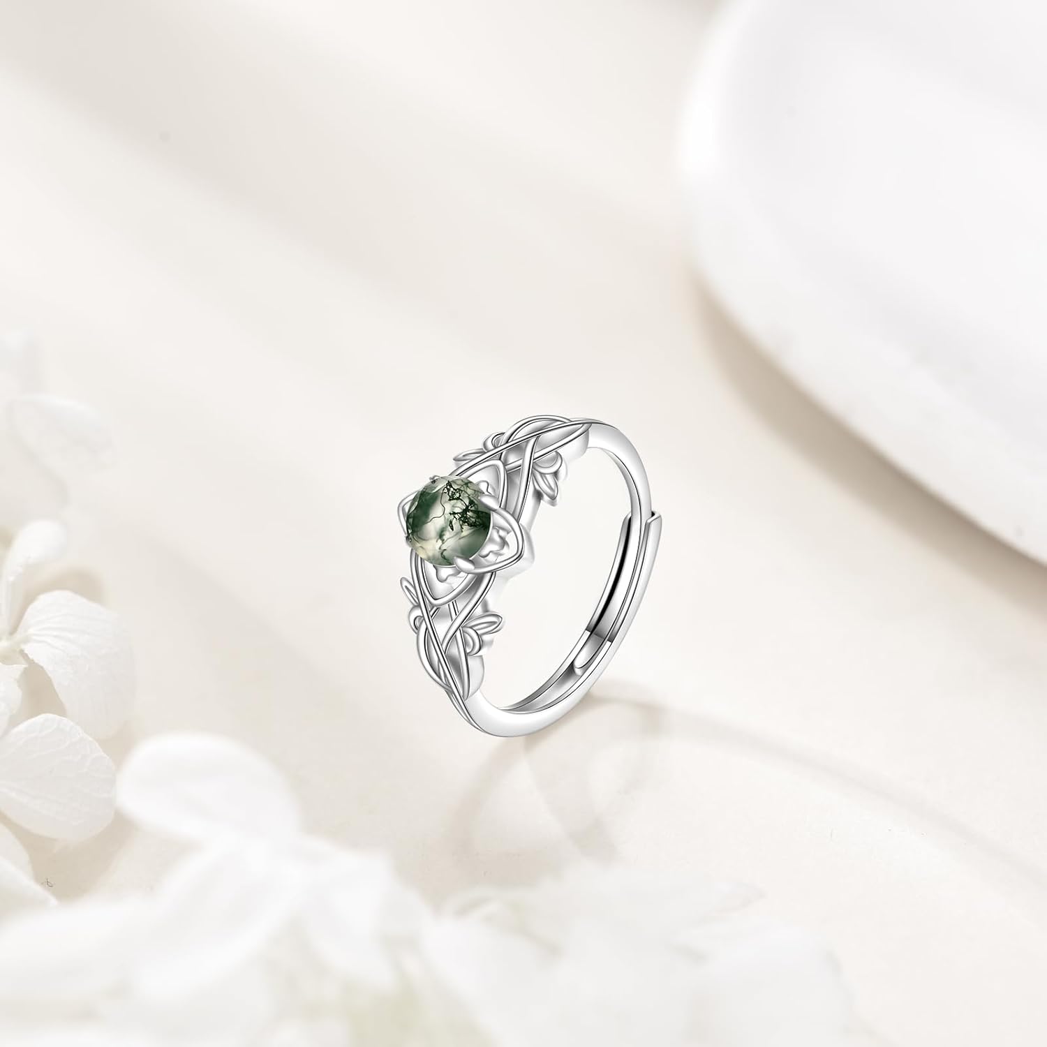 Sterling Silver Rings for Women 925 Sterling Silver Emerald Leaf Ring Flower Ring Moss Agate Celtic Knot Adjustable Open Band Nature Inspired Jewelry Gift - Image 3