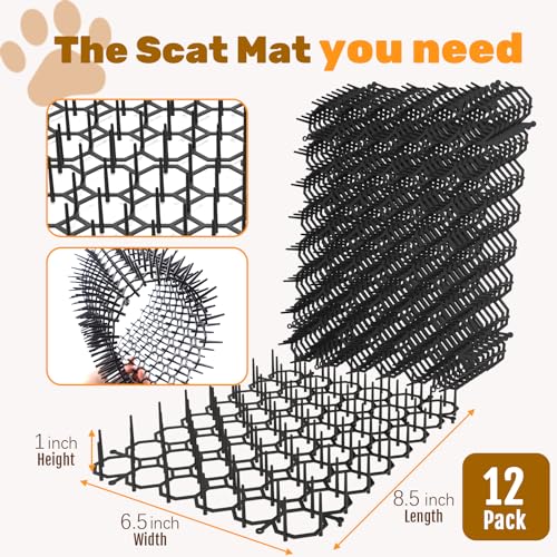 Cat Deterrent Mat 12 Pack, Black Cat Spike Mats 16 x 21cm, Humane Plastic Cat Repellent Mats for Sofa Furniture Garden, with Ground Stakes & Cable Ties
