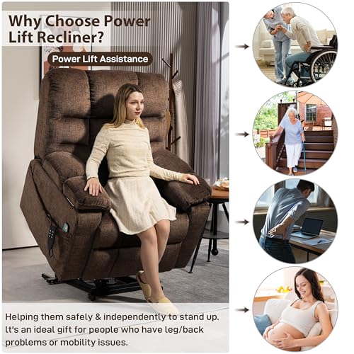 Oversized Zero Gravity Power Lift Recliner Chair for Elderly Adults Big Man Electric Lay Flat Recliner Triple Motor with Heat and Massage, Adjustable Seat Height, Arm Storage, Cup Holder