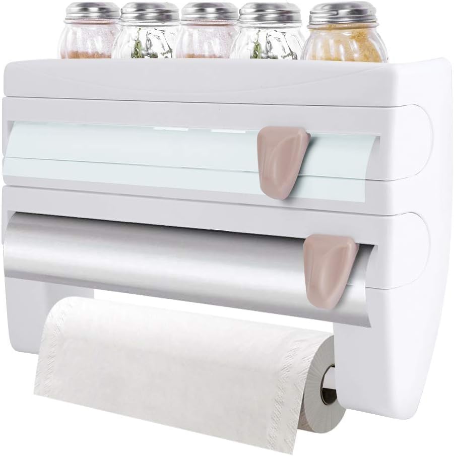 Dispensador de film y papel de cocina triple organizador de pared gris