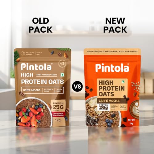Image of Pintola 26g High Protein Caffe Mocha Oats 1kg, No Refined Sugar, with Almonds, Raisins, Pumpkin & Chia Seeds, 9.6g Fibre, Rolled Oats, Gluten Free, Breakfast Cereals