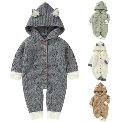 Image of Opewod Newborn Baby Knitted Romper Cartoon Ear Hooded Jumpsuit Warm Knit Outfit for Baby Boy Girl