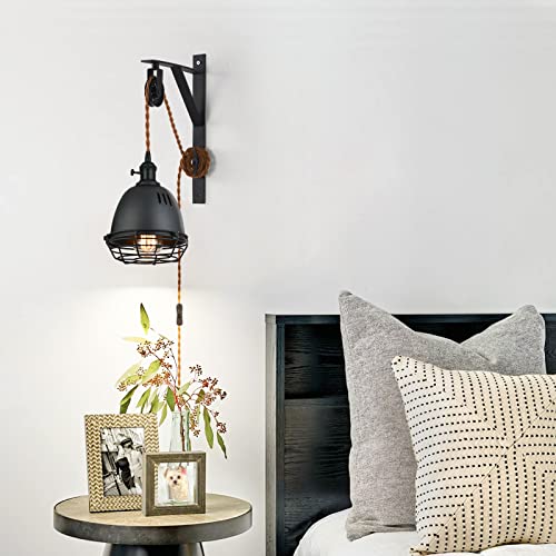 SEEBLEN Vintage Design Industrial Wheel Farmhouse Wall Mount Set of 2,Pulley Wall Pendant Lamp with 7-Foot Brown Plug and Switch, Adjustable Wall Sconce Sand Black Iron Cage Wall Light - Image 6