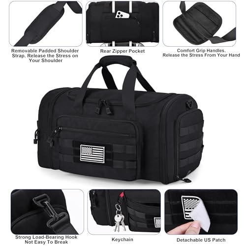 Tactical Travel Duffle Bag for Men, 45L Expandable Water-Resistant Mens Carry-on Weekender Overnight Gym Bag with Shoe Compartment4