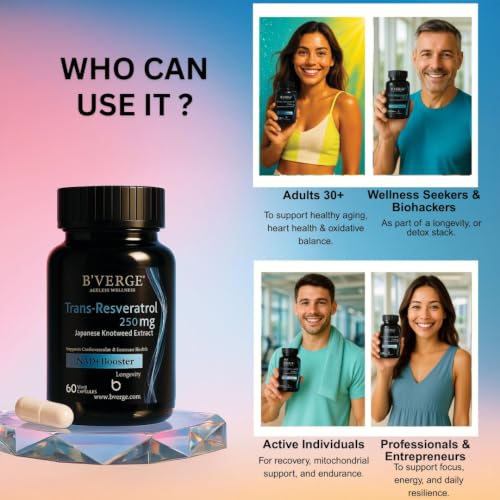 Image of B'VERGE Pure Trans-Resveratrol Supplement | 99.5% Pure NAD+ Booster | Supports Metabolism, Heart Health & Inflammation Relief - 250mg, 60 Capsules