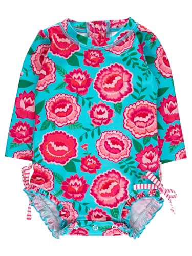 Image of RuffleButts Baby Girls UPF 50+ Sun Protection Floral Printed Long Sleeve One Piece Rash Guard Swimsuit with Zipper