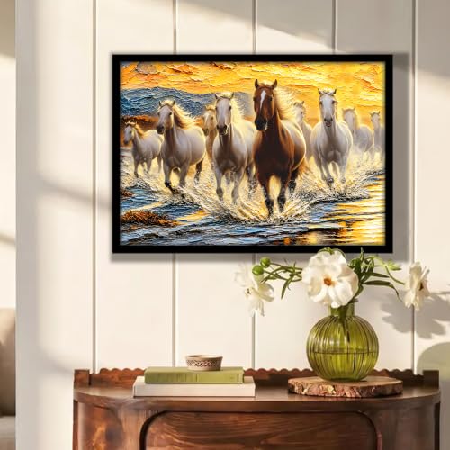 Image of PAINTINGMANTRA 9 Running Horses Vastu Framed Wall Art Painting For Living Room| Strength & Forward Energy Nine Horse Poster with frame for Wall, Decoration item for bedroom, 13x17.5 Inch