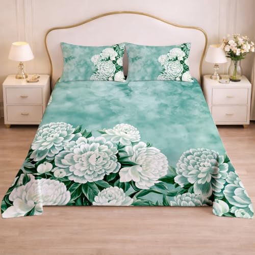 Image of Cloth Fusion Glace Cotton Flat Bedsheet for Double Bed with 2 Pillow Covers (90x100 Inches, Teal Green)