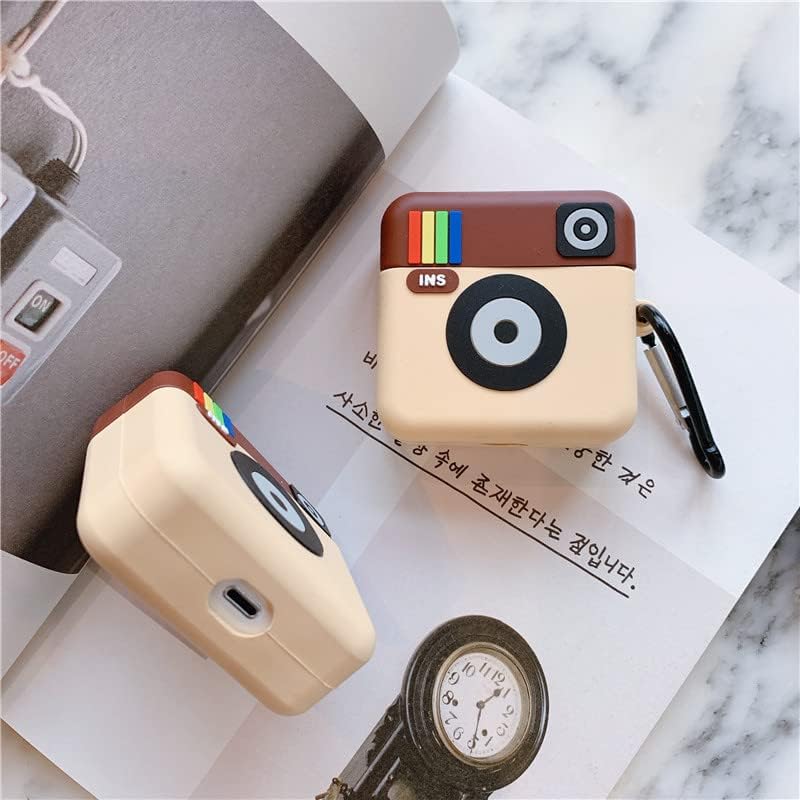 Image of Prolet Designed for AirPods 1 /2 Case Cute Instagram Fashion Character Silicone Case Cover for Airpods 1 /2 Protective Skin with Keychain(Instagram)-Cream & Brown