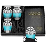 Hugs and Kisses Baby Blue Small Keepsake Urns For Human Ashes -Set of 4 - Beautiful Small Rememberance Sharing Urns for a Lost Son, Child Or Baby Boy To Share Amongst Family - w Case and 4 Velvet Bags