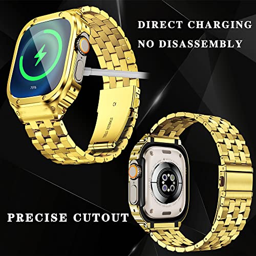 HASLFM Stainless Steel Watch Band and case Compatible with Apple Watch Ultra 2/Ultra(49mm),Men' Metal Rugged Protective Bumper Cover with Strap for iWatch Gold