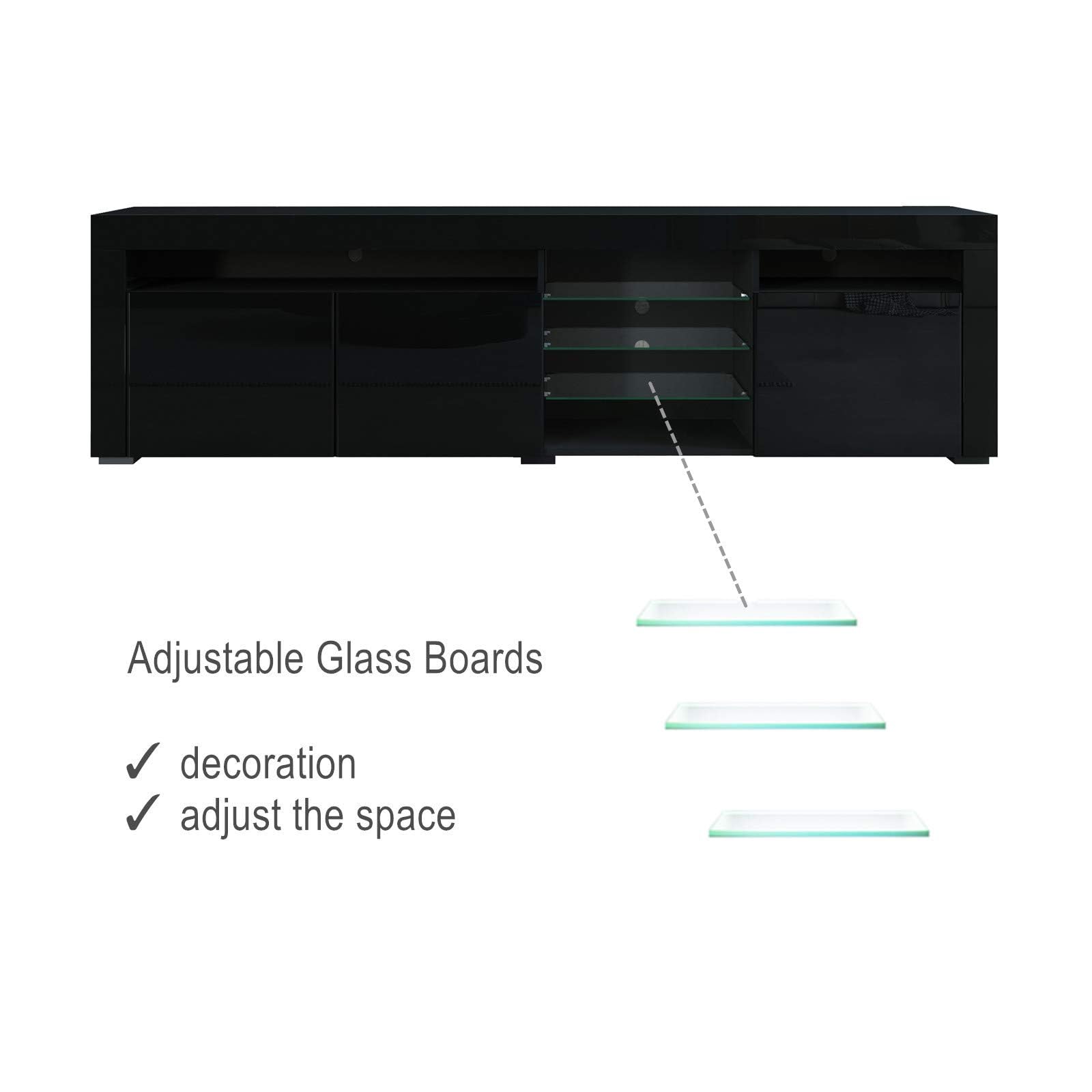 180cm LED TV Schrank Modernes Hochglanz TV Board, Schwarz | mit 3 Türen & Glasböden Fernsehschrank für Wohnzimmer Schlafzimmer Möbel, 180 x 35 x 53 cm