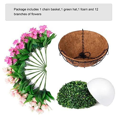 Artificial Flowers With Hanging Basket Planter For Home Decoration, Silk Rose Peony Outdoor Indoor Garden Yard, Metal Coconut Lining Basket With Faux Plant, Pink Light #TOP3