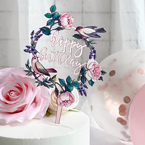 Apluselection Apluselection Thickened Happy Birthday Cake Topper With Little Birds & Flowers -No Diy - Reusable Acrylic Cake Topper, Rose Gold Aplst-At-Bd 0 #TOP1
