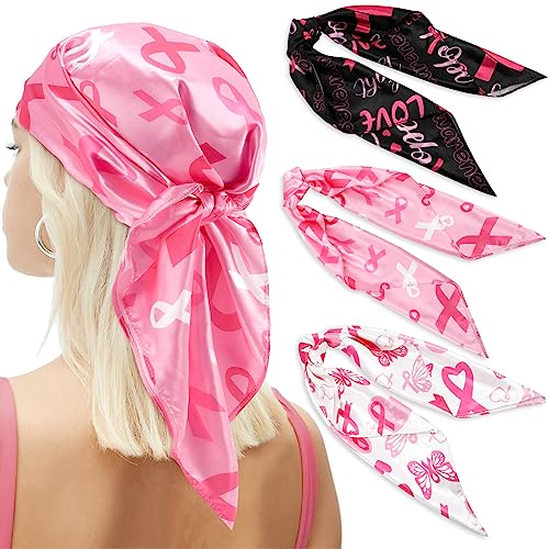 Percozzi Pink Ribbon Square Scarves 3PCS Breast Cancer Awareness Silky-Feeling Pink Cancer Ribbon Pattern Silk Lightweight Satin Hair Scarves for Women Men Handkerchief 27.5''