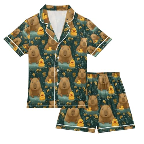 senya Capybara with Duck Bathing Satin Summer Pajama Sets Silk Short Sleeve Button Down Sleepwear