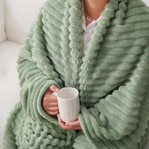 Sage Green Fleece Throw Blanket 50”×60” for Couch Sofa Bed,Super Soft Cozy Plush Microfiber Flannel Blanket with Stripes Design Lightweight for Adults,Woman,Girls - Image 6