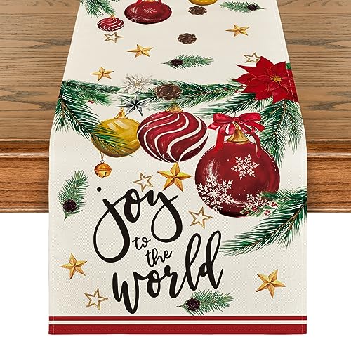 Artoid Mode Xmas Balls Pine Poinsettia Christmas Table Runner, Star Holiday Winter Kitchen Dining Table Decoration for Home Party Decor 13x90 Inch by Artoid Mode - Used condition - US$12.94