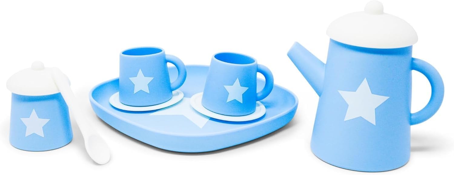 Super Star Blue Silicone Tea Set by Jack Rabbit Creations- 10 Piece Play Tea Party Set for Little Girls- Food Grade & Dishwasher Safe- Encourages Role Play and Imaginative Play