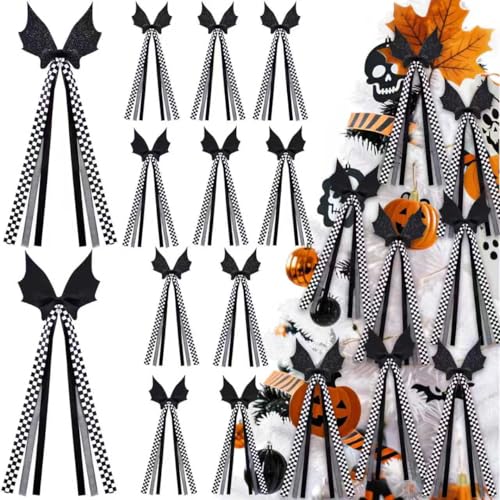 JOICEE 12Pcs Halloween Wreath Bows 4 x 13inch Black Bat Bows Glitter Bow with Black White Buffalo Plaid Tails for Halloween Tree Wreath Decorations Home Front Door Indoor Outdoor Decor