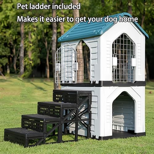 Double-Decker Pet House with Ladder - Waterproof, Sunproof, 3-Door, Ventilated - Small & Medium All-Season Universal Dog House for Indoor/Outdoor Use