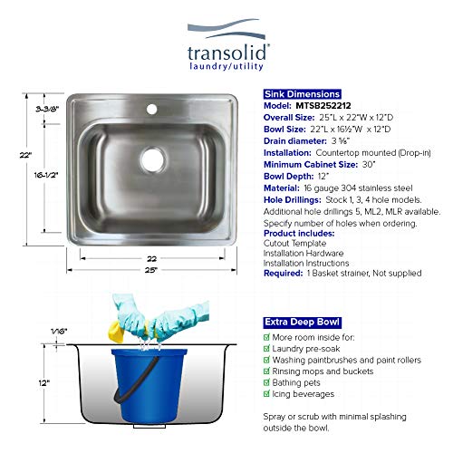 Transolid Mtsb252212-4 Meridian 25-In X 22-In X 12-In Laundry/Utility Sink With 4-Hole, Brushed Stainless Steel #TOP5