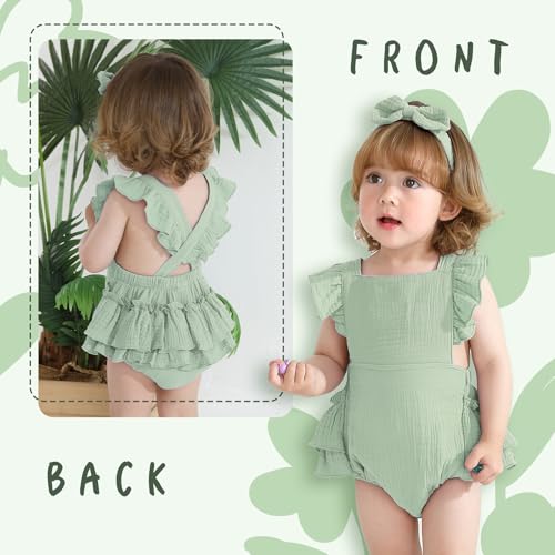 Happy Town Baby Girl Clothes Toddler Summer Linen Romper Sleeveless Ruffle Outfits Infant Girls Jumpsuit with Headband2