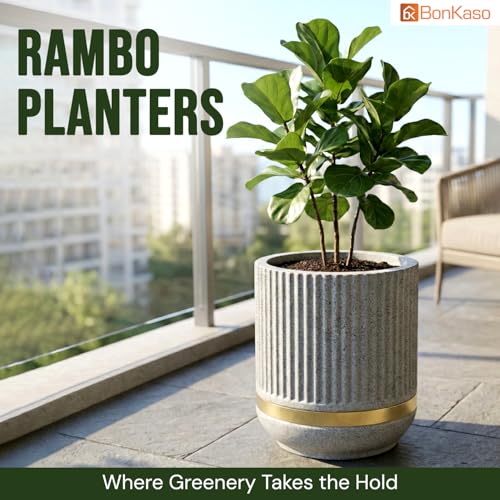 Image of BonKaso 14 Inch Tower Plant Pot for Indoor & Outdoor | Modern Lightweight Polymer Planter | Weather, UV & Frost Resistant | Ideal for Living Room, Balcony, Office & Nursery (Light Grey)