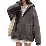 SYYRXB Women's Korean zipper Hoodie Y2k jacket Harajuku oversize solid hooded sweater autumn and winter Darkgrey