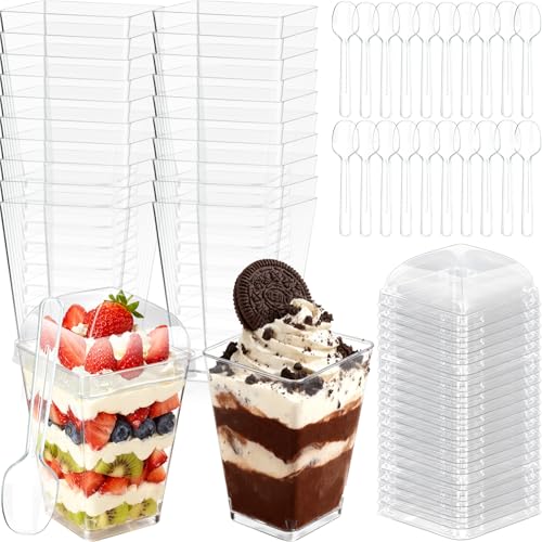 5Oz Plastic Dessert Cups With Lids And Spoons, Clear Small Yogurt Parfait Cups With Lids, Mini Dessert Shooter Cups With Spoons, Square Appetizer Cups For Party Fruit Pudding Trifle Ice Cream 20 Pack