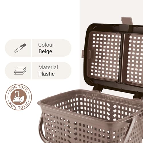 Image of FLAIR Dual Compartment Storage Basket - Sturdy Plastic Organizer with Handles & Lid | Plastic Multipurpose Trendy Shopping Big Basket | Ideal for Kitchen, Bathroom (Beige, 1 Pc)