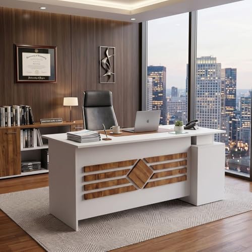 Image of FFO Executive Office Desk with Side Storage Cabinet, Modern Computer Table for Office & Home, Spacious Workstation with Cable Management Hole, White & Walnut Finish Study Table for Laptop, PC & Work