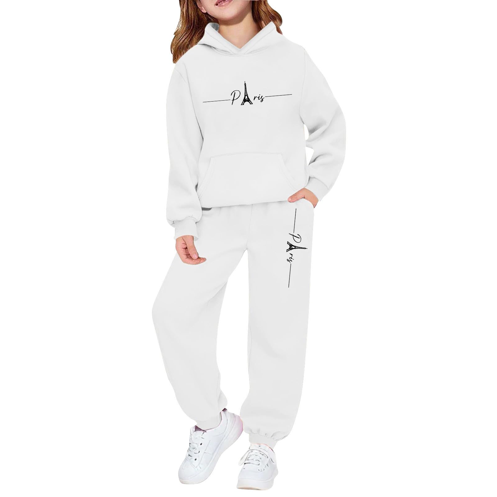 Ensemble polaire chaud fille tenue décontractée deux pièces imprimée blanc