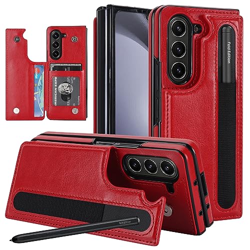 Étui en cuir premium pour Galaxy Z Fold 5 coque portefeuille rouge élégante