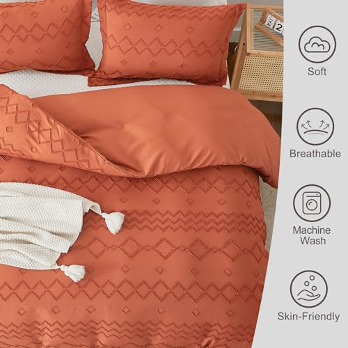 Image of EMME Duvet Cover Queen Size, Boho Tufted Comforter Cover, 3 Pieces Embroidery Chic Bedding Set for All Seasons, 1 Duvet Cover + 2 Pillowcases (Pumpkin, Queen)