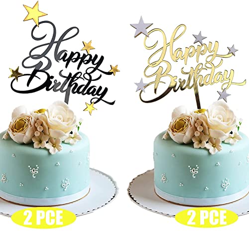 XINGXINLIAN Lot de 4 décorations de gâteau d'anniversaire à paillettes avec étoile, décoration de gâteau en acrylique pour fête d'anniversaire (doré, noir) Cover