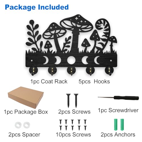 Mayjoydiy HJEW-WH0055-102 Mushroom Moon Phases Coat Hooks Wall Mounted Wood Key Holder For Wall 11.8×7.9Inch Nature Moon Star Grass Key Hanger 5 Alloy Hooks Decoratice Key Hook thumb #2