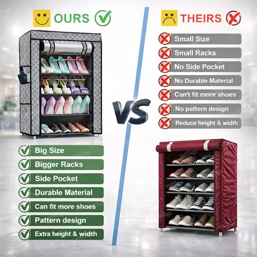 Image of Zest 4 Toyz 5 Shelf Shoe Rack for Home with Zip Door Cover & Side Pockets Shoe Stand Multipurpose Storage Rack for Footwear Toys Clothes with Dustproof Cover (Printed Design)