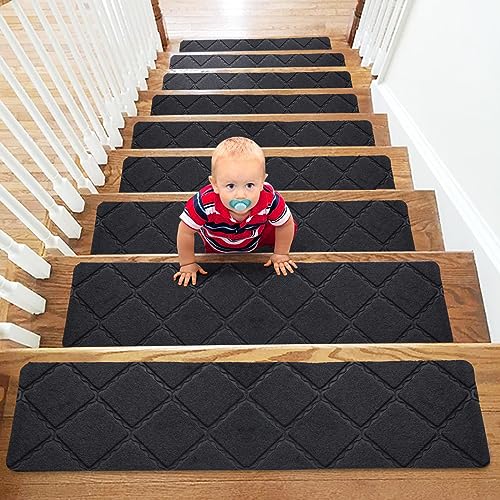 YISUN Tapis Marche Escalier Intérieur Antidérapant 15pcs Surface Adhésif 20 x 65cm pour Enfants âgées Chiens (Noir)