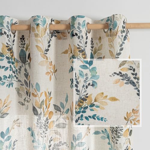 Mysky Home Bedroom Linen Look Semi Sheer Floral Curtains 63 Inch Length 2 Panels For Kitchen Small Window Kids Room Decor Leaves Pattern Light Soften Privacy Drapes cover