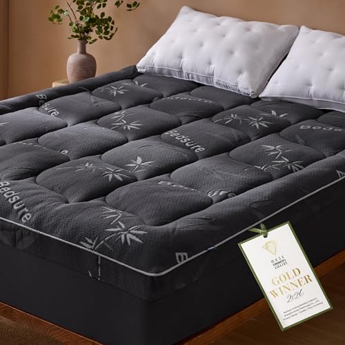 Bedsure Full Size Mattress Topper - Viscose Made from Bamboo Ultra Soft Thick Fluffy Pillow Top Mattress Pad with 21 Inch Deep Pocket Breathable Moisture Wicking Black 54x75 Inch