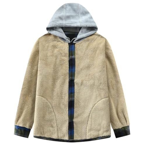 Image of Men's Cotton Plaid Shirt Jacket Fleece Flannel Sherpa Button Down