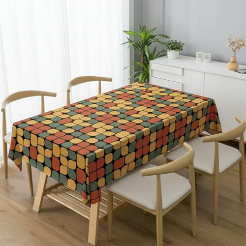 Image of DARSHANAM WORLD Mid-Century Modern Geometric 4 Seater Tablecloth - Waterproof & Spill-Proof Fabric, Abstract Pattern Design, Washable Decorative Table Cover for Dining Room, Kitchen. (Rubic Cube)